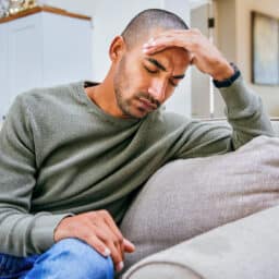 Man looking upset, holding his forehead experiencing a migraine