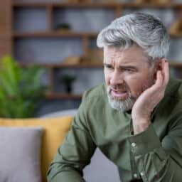 Mature man touching his ear with a distressed expression, suffering from a health problem