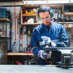 Man wearing safety glasses and ear protection using grinder on metal piece in workshop
